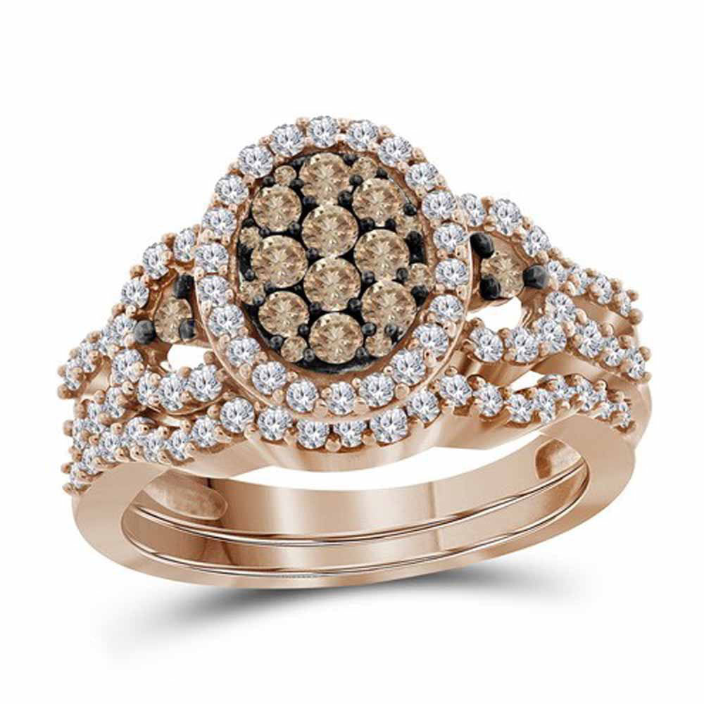 10kt Rose Gold Womens Round Brown Diamond Bridal Wedding Engagement Ring Band Set 1.00 Cttw