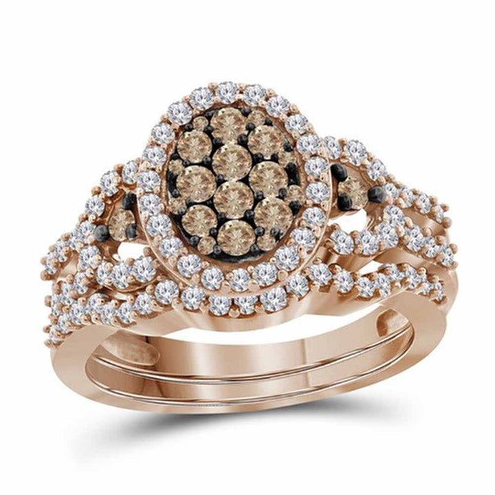 10kt Rose Gold Womens Round Brown Diamond Bridal Wedding Engagement Ring Band Set 1.00 Cttw