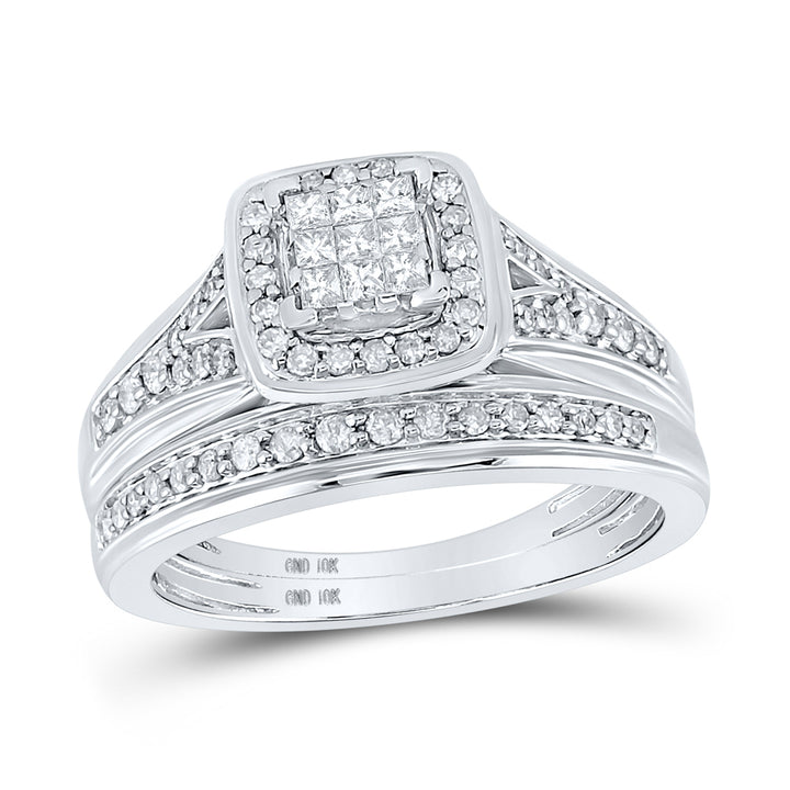 10kt White Gold His Hers Princess Diamond Cushion Matching Bridal Wedding Ring Band Set 3/4 Cttw