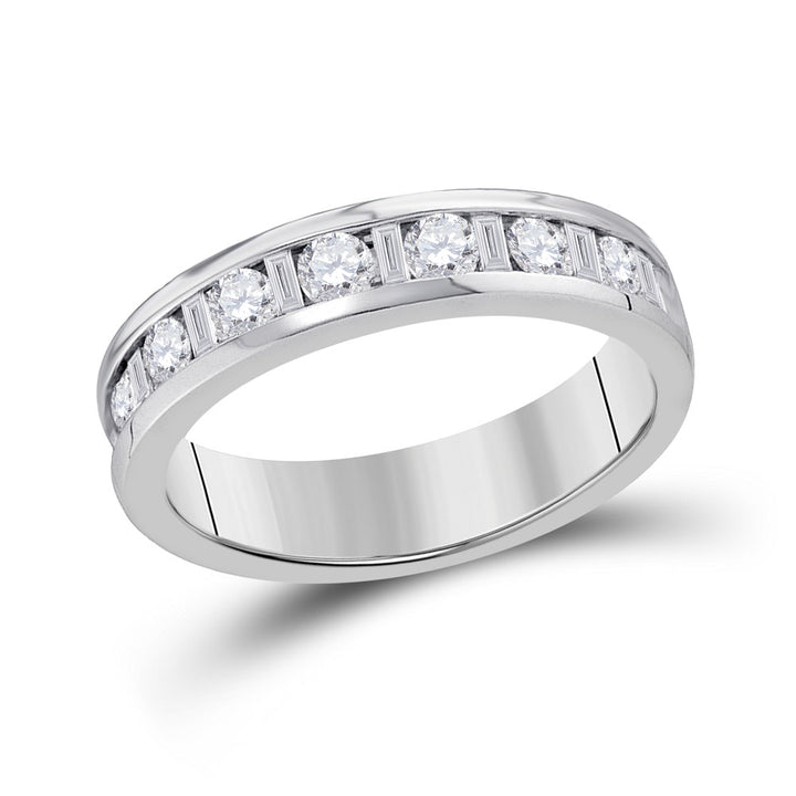 14kt White Gold Womens Alternating Round Baguette Diamond Single Row Wedding Band 1.00 Cttw