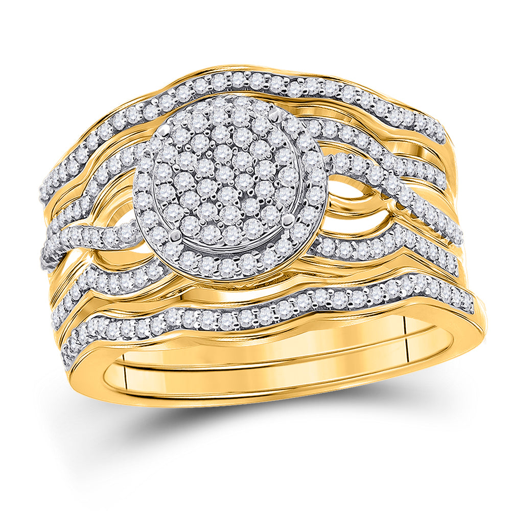 10kt Yellow Gold Womens Round Diamond Cluster 3-Piece Bridal Wedding Engagement Ring Band Set 1/2 Cttw