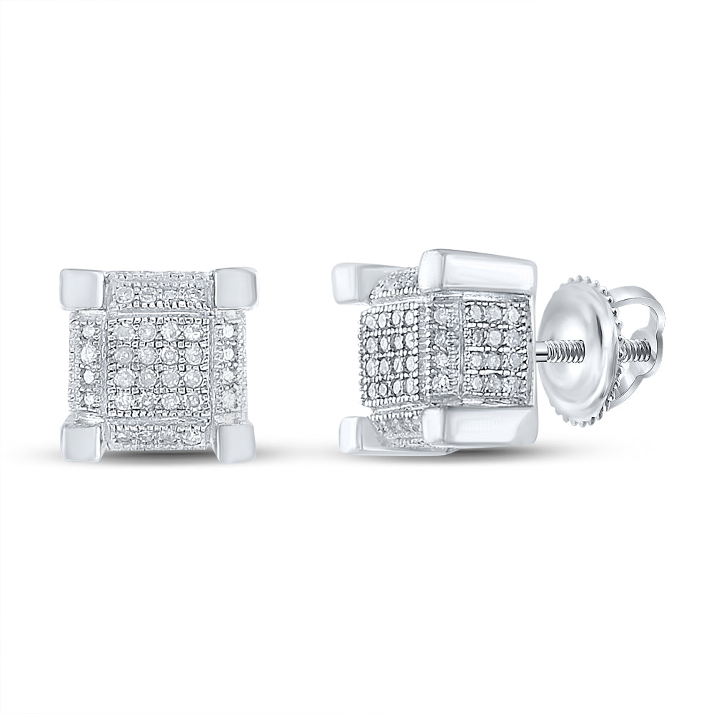Sterling Silver Mens Round Diamond 3D Square Cluster Stud Earrings