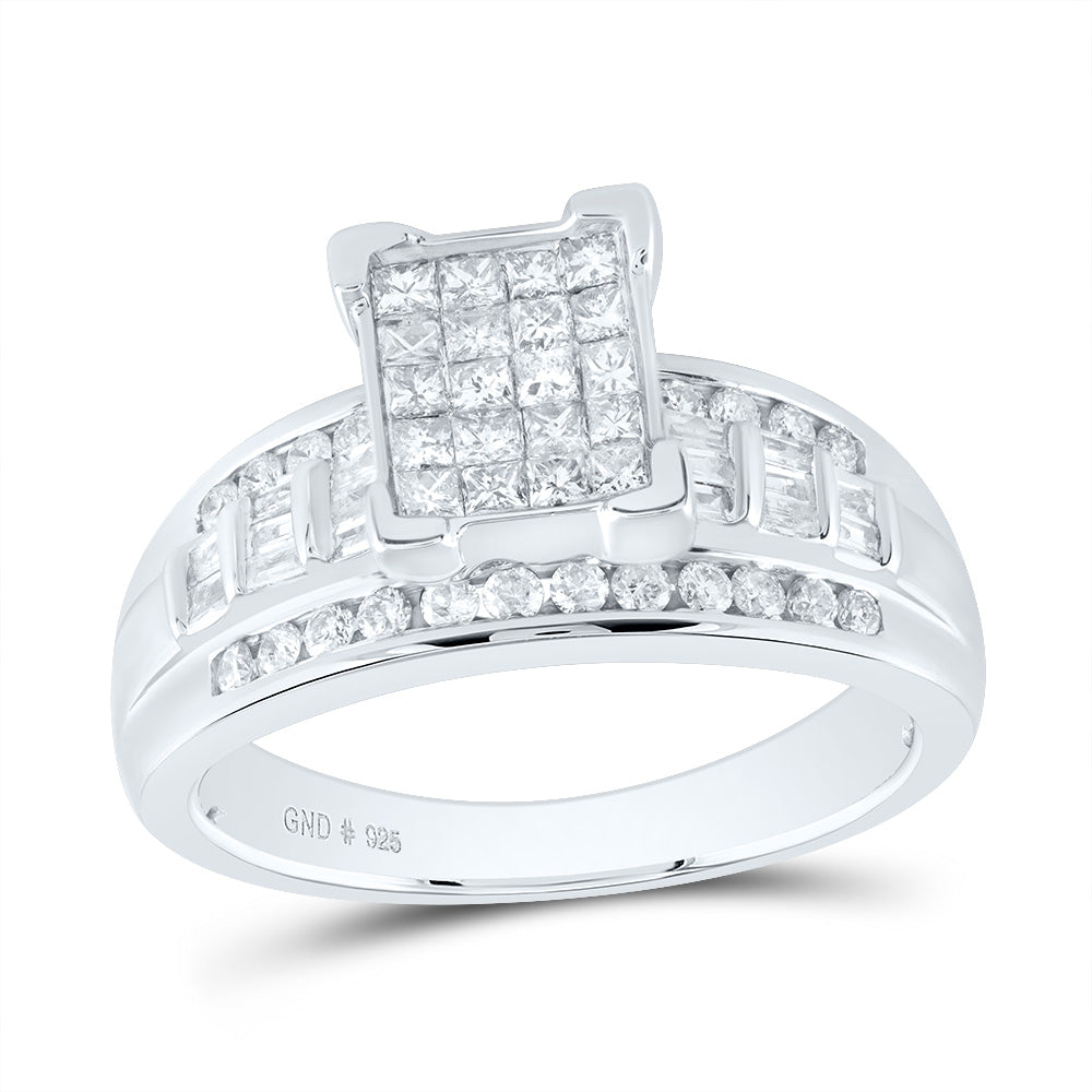 Sterling Silver Womens Princess Diamond Square Cluster Bridal Wedding Engagement Ring 7/8 Cttw