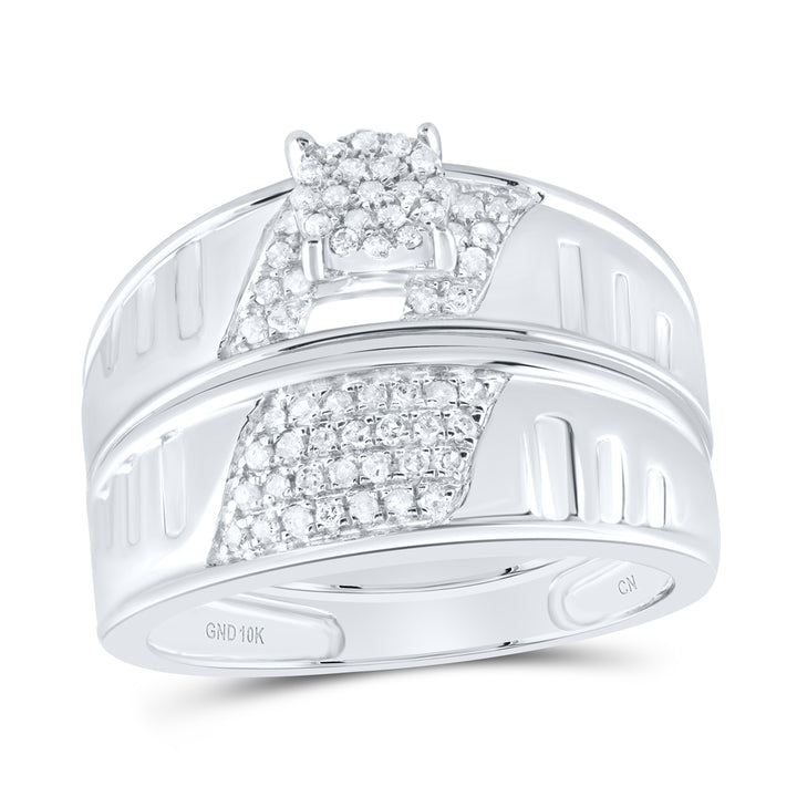 10kt White Gold His & Hers Round Diamond Cluster Matching Bridal Wedding Ring Band Set 3/8 Cttw