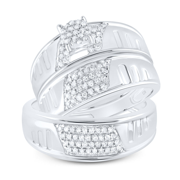 10kt White Gold His & Hers Round Diamond Cluster Matching Bridal Wedding Ring Band Set 3/8 Cttw