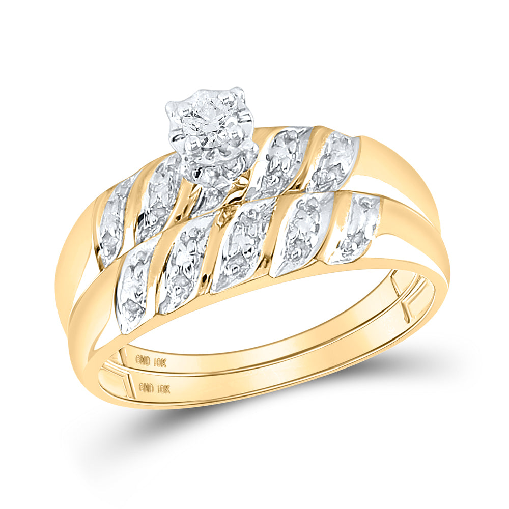 10kt Yellow Gold His Hers Round Diamond Solitaire Matching Bridal Wedding Ring Band Set 1/20 Cttw