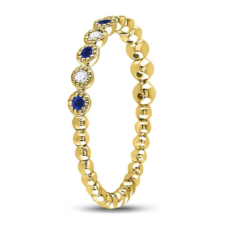 10kt Yellow Gold Womens Round Blue Sapphire Diamond Beaded Dot Stackable Band Ring 1/6 Cttw