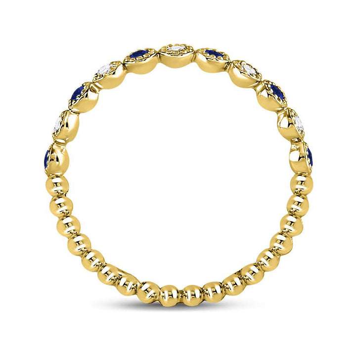 10kt Yellow Gold Womens Round Blue Sapphire Diamond Beaded Dot Stackable Band Ring 1/6 Cttw