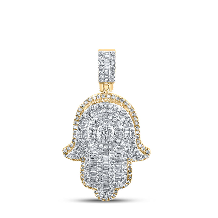10kt Yellow Gold Mens Baguette Diamond Hamsa Charm Pendant 1.00 Cttw