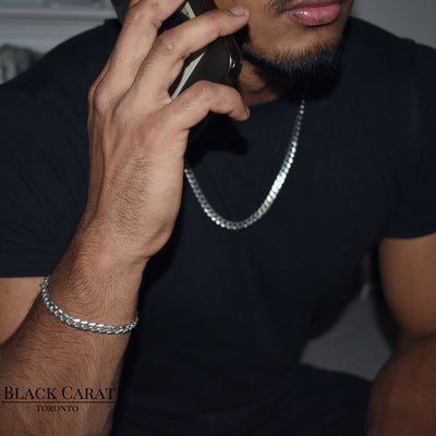 Men's Cuban Sterling Silver Chain and Bracelet Set - Black Carat