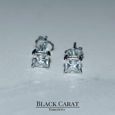 Men's Square 925 Real Silver Stud Earrings - Black Carat