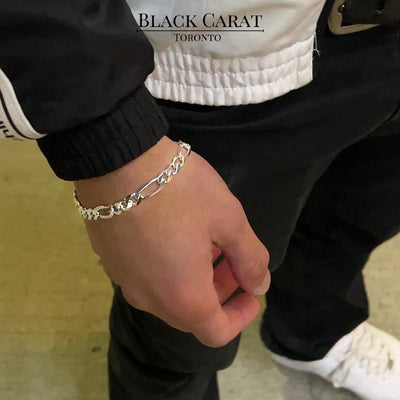 Men's Figaro Sterling Silver Chain and Bracelet Set - Black Carat